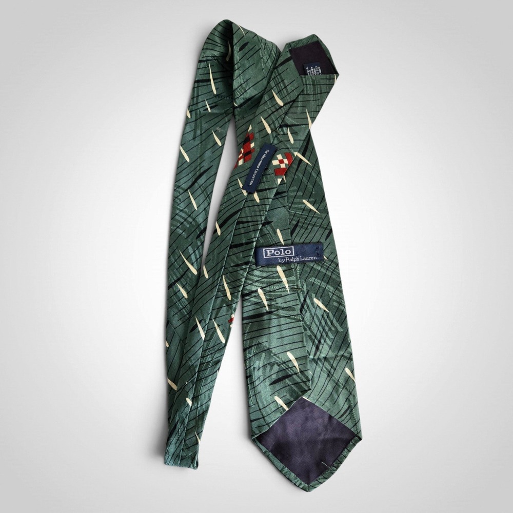 Vintage Polo by Ralph Lauren 100% Silk Tie Green Plaid Geometric Made in USA